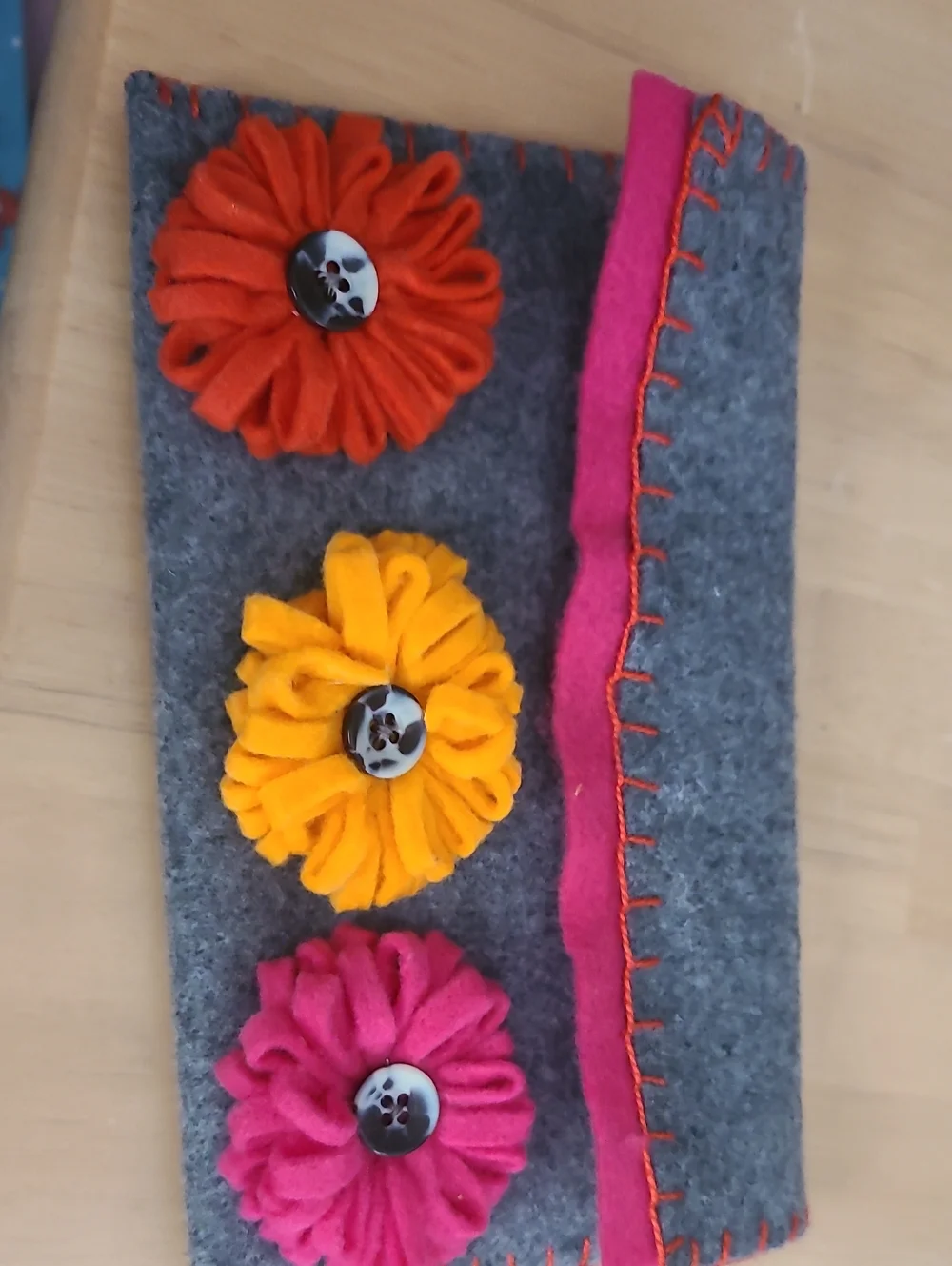 Handmade Gray Felt Clutch with Bright Flower Accents